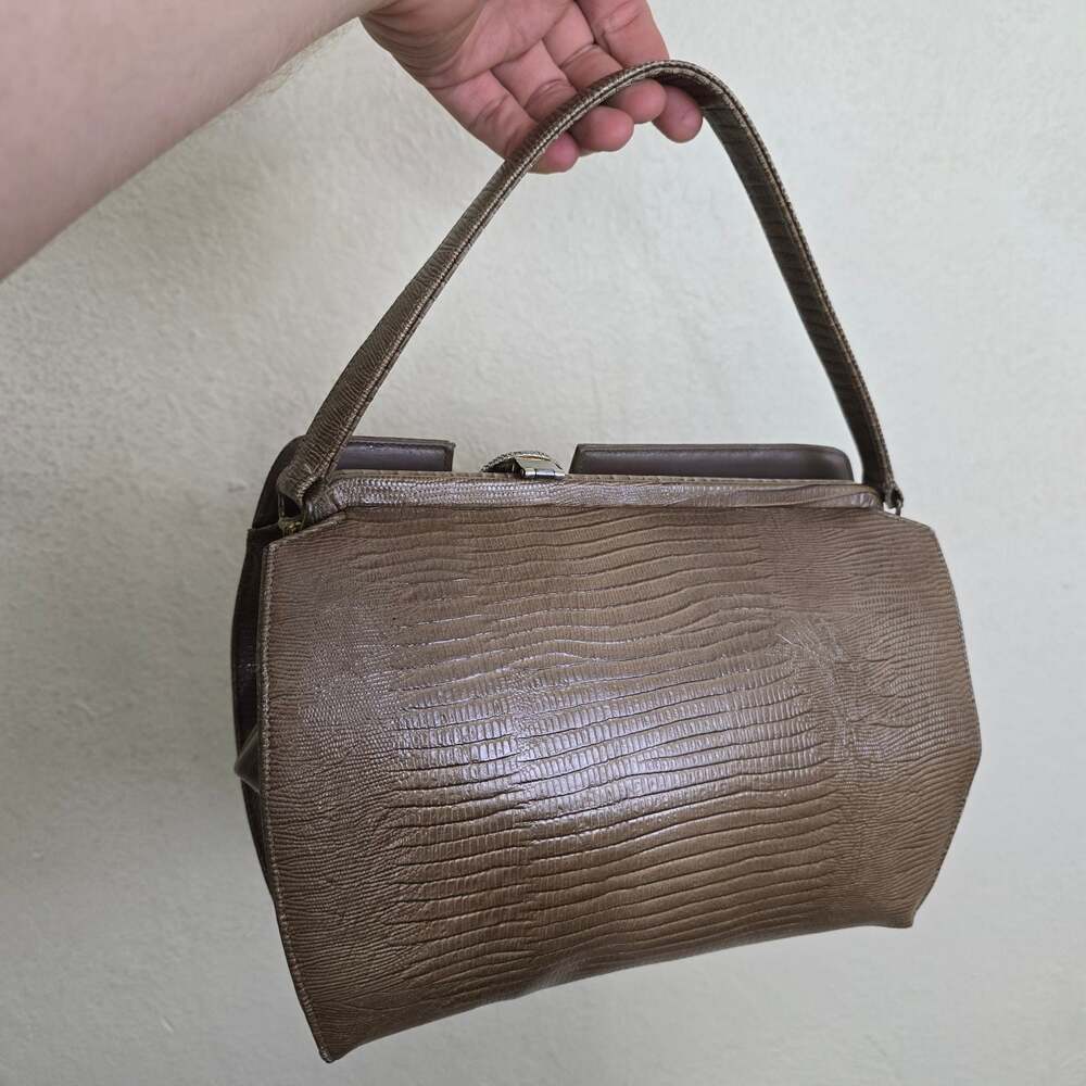 Custom Vintage Brown Reptile Embossed Structured Handbag - Picture 4 of 8